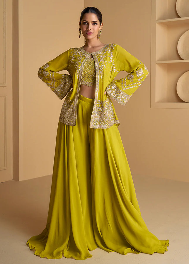 Green Embroidered Jacket Style Sharara Suit