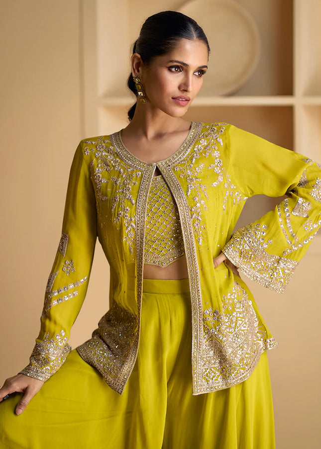 Green Embroidered Jacket Style Sharara Suit