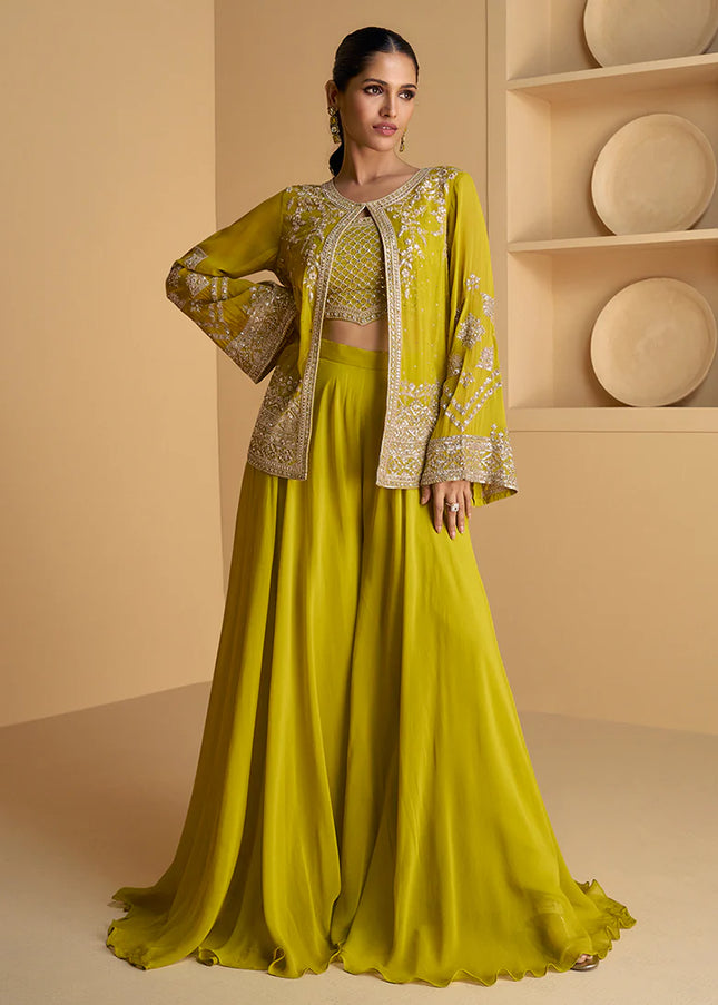 Green Embroidered Jacket Style Sharara Suit