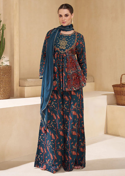 Blue Embroidered  Sharara Suit