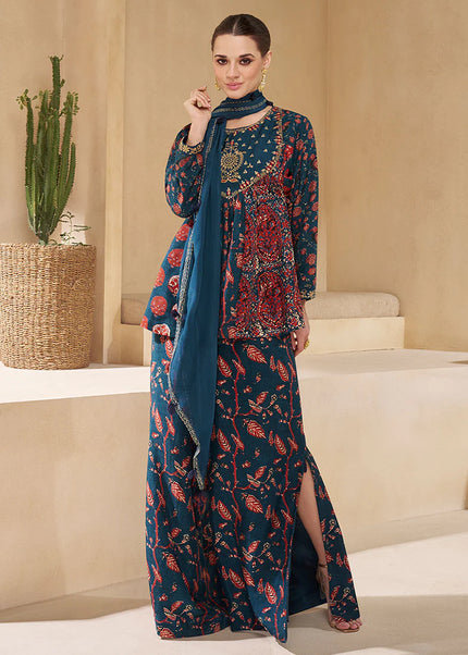 Blue Embroidered  Sharara Suit