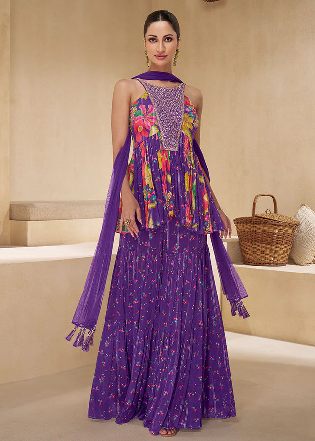 Lavender Embroidered  Sharara Suit