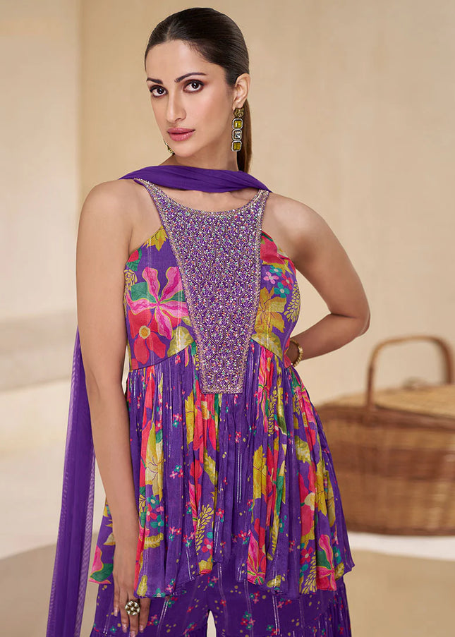 Lavender Embroidered  Sharara Suit