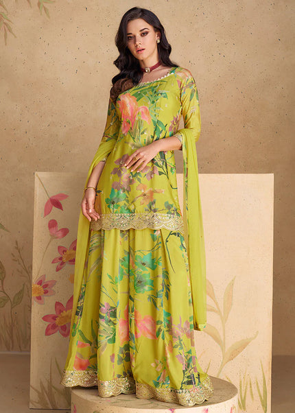 Green Floral Printed and Embroidered Sharara Suit