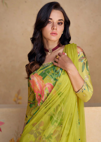 Green Floral Printed and Embroidered Sharara Suit