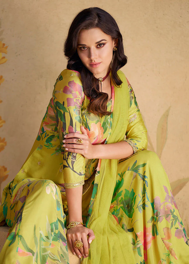 Green Floral Printed and Embroidered Sharara Suit