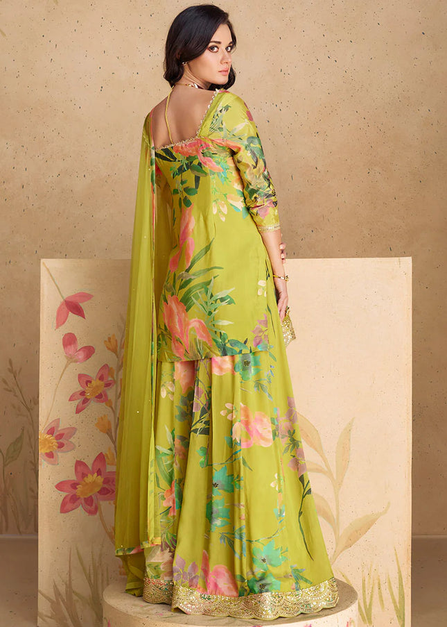 Green Floral Printed and Embroidered Sharara Suit