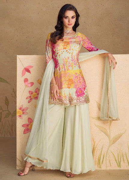 Multicolor Floral Printed and Embroidered Sharara Suit