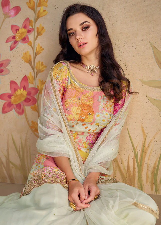 Multicolor Floral Printed and Embroidered Sharara Suit