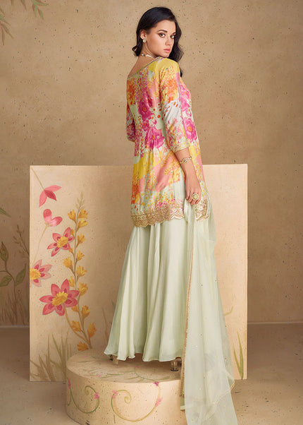 Multicolor Floral Printed and Embroidered Sharara Suit