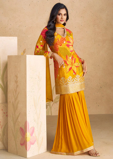 Mustard Floral Printed and Embroidered Sharara Suit