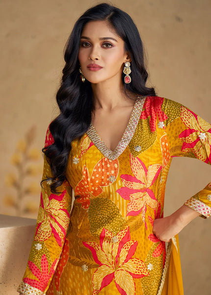 Mustard Floral Printed and Embroidered Sharara Suit