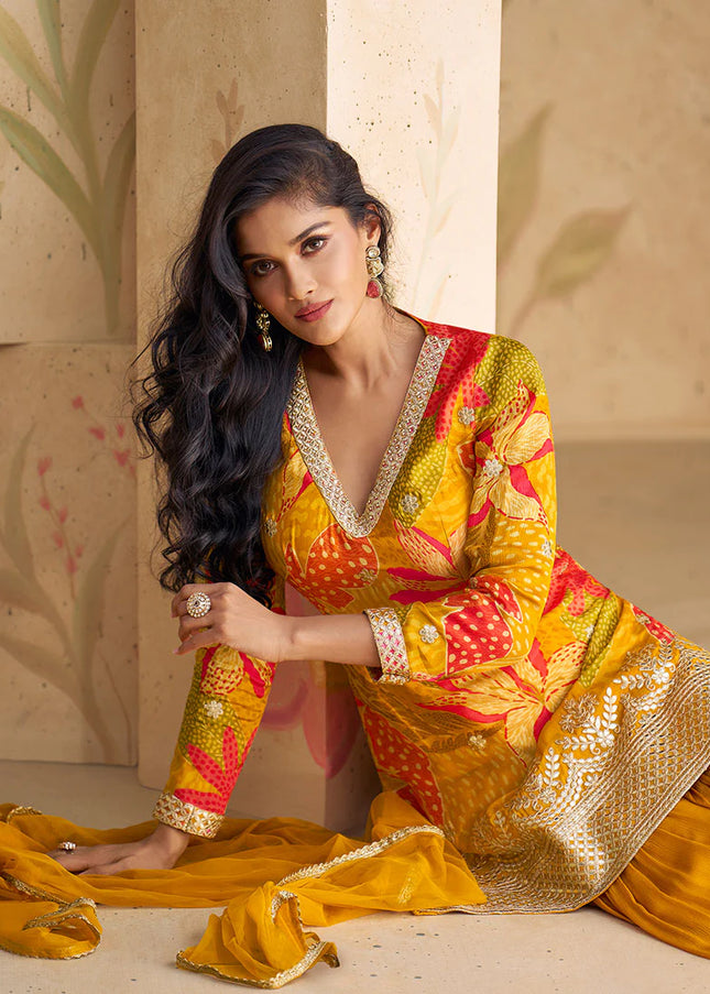 Mustard Floral Printed and Embroidered Sharara Suit