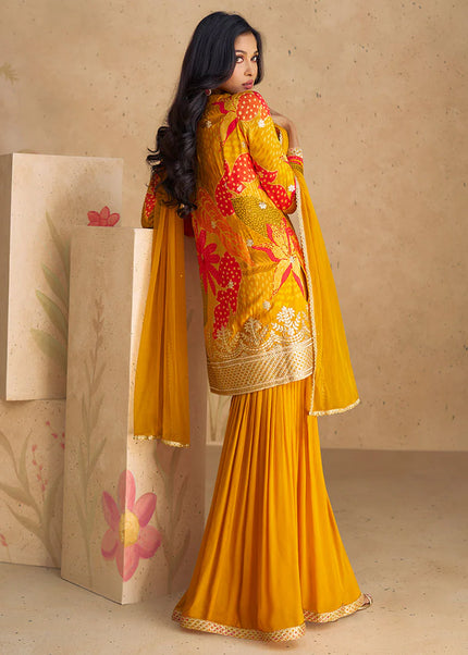 Mustard Floral Printed and Embroidered Sharara Suit