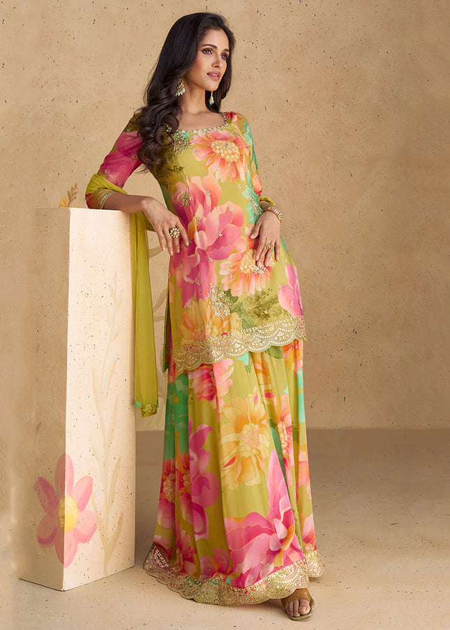 Multicolor Floral Printed and Embroidered Sharara Suit