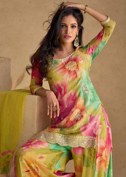 Multicolor Floral Printed and Embroidered Sharara Suit