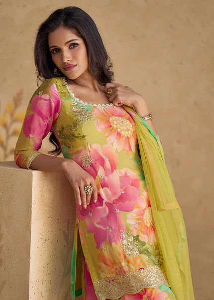 Multicolor Floral Printed and Embroidered Sharara Suit