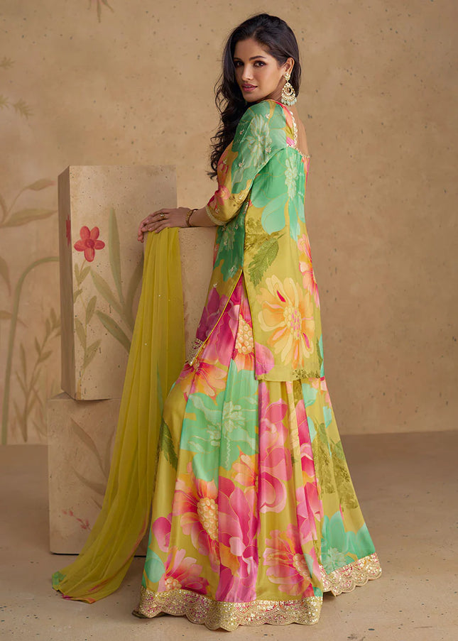 Multicolor Floral Printed and Embroidered Sharara Suit