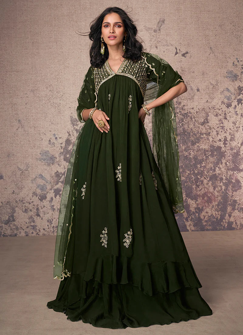 Olive Green Embroidered Anarkali Gown FALAKENOOR Olive Green Embroidered Anarkali Gown FALAKENOOR