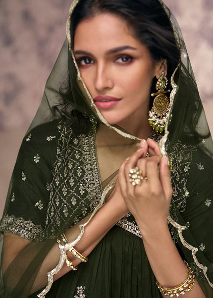 Olive Green Embroidered Anarkali Gown