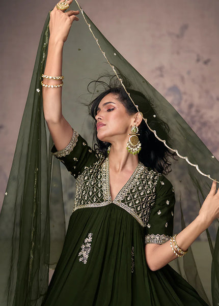 Olive Green Embroidered Anarkali Gown