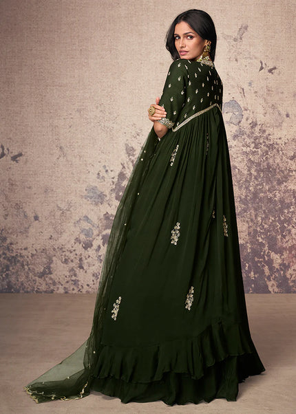 Olive Green Embroidered Anarkali Gown