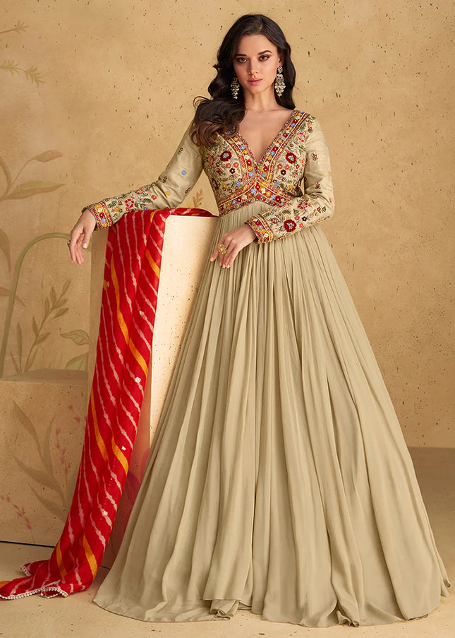 Beige Embroidered Anarkali Gown
