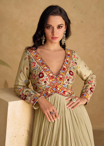 Beige Embroidered Anarkali Gown