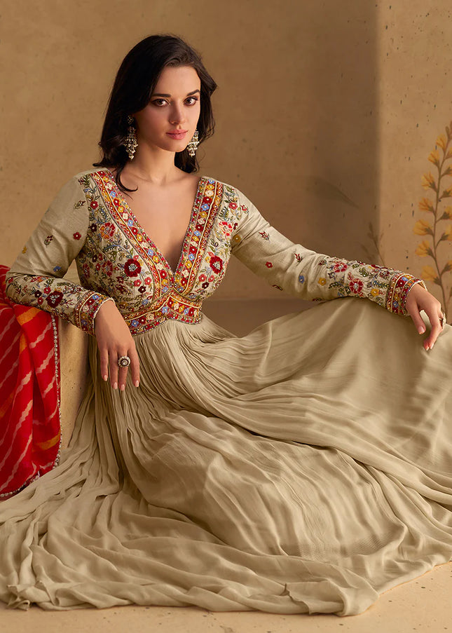 Beige Embroidered Anarkali Gown
