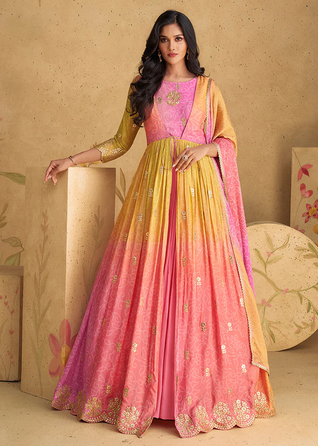 Pink and Yellow Embroidered Anarkali Gown