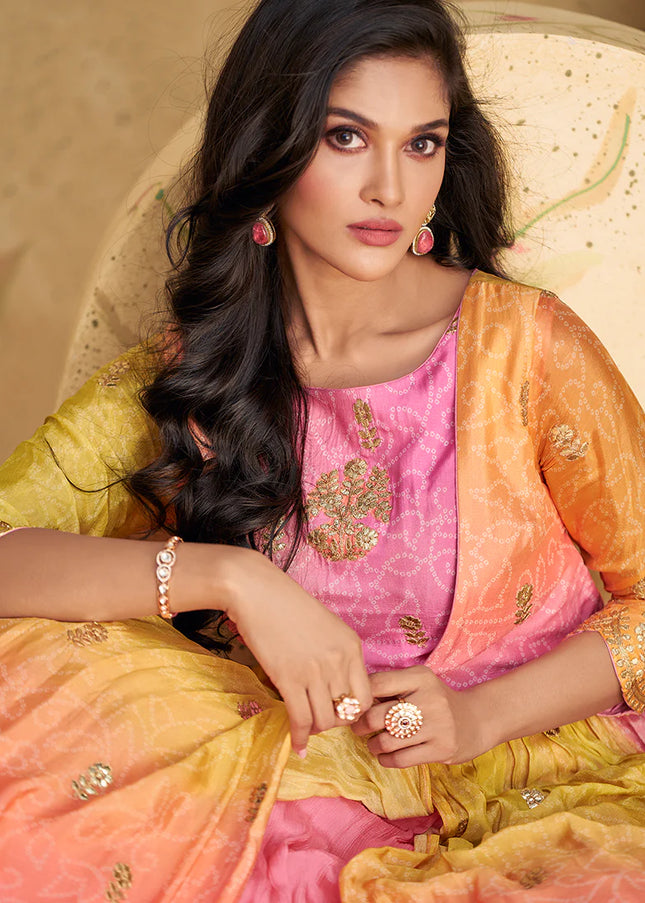 Pink and Yellow Embroidered Anarkali Gown