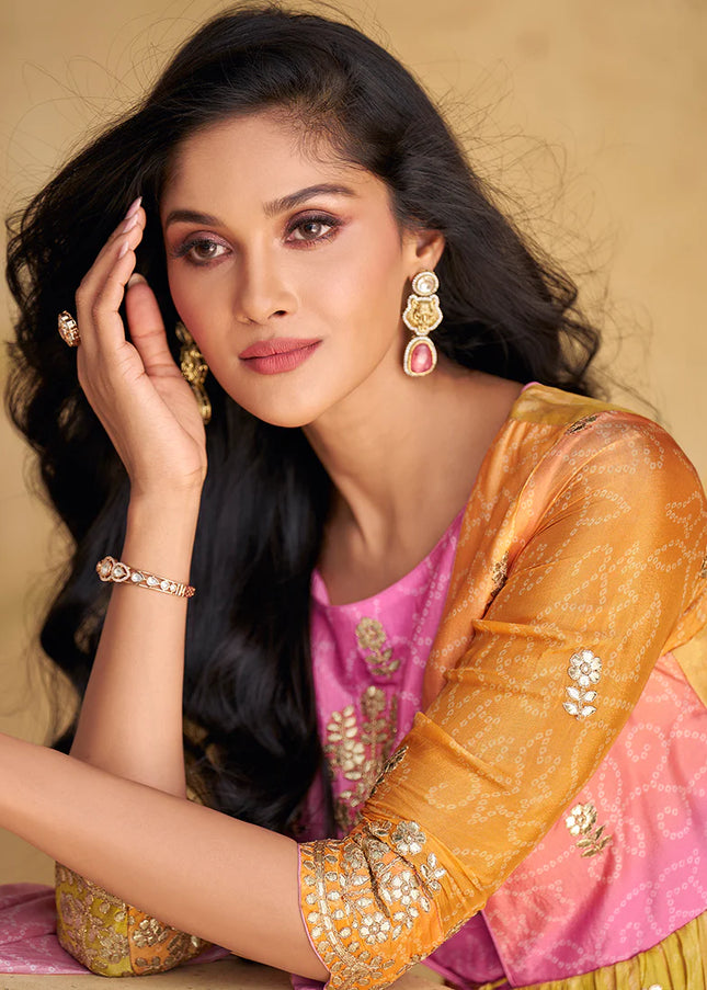 Pink and Yellow Embroidered Anarkali Gown