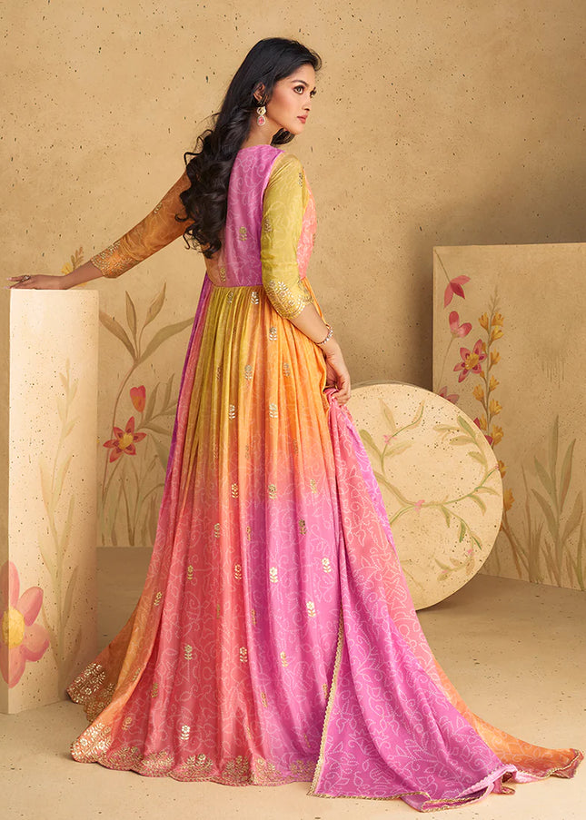 Pink and Yellow Embroidered Anarkali Gown