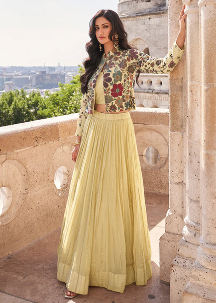 Yellow Embroidered Jacket Style Lehenga