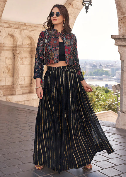 Black Embroidered Jacket Style Lehenga