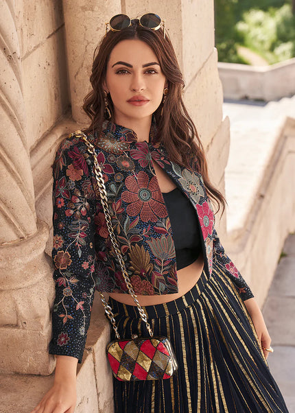 Black Embroidered Jacket Style Lehenga