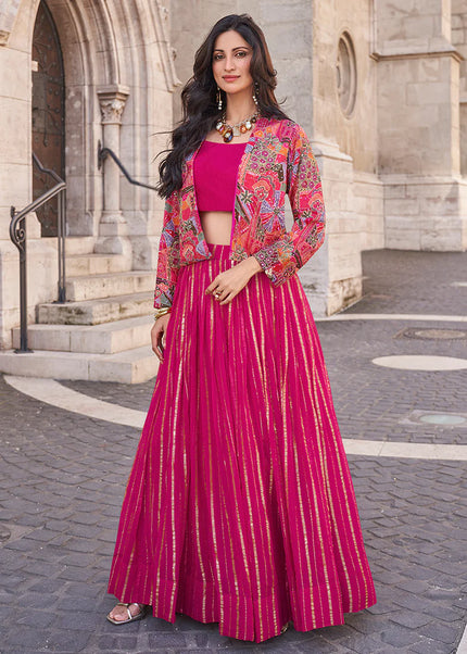 Pink Embroidered Jacket Style Lehenga