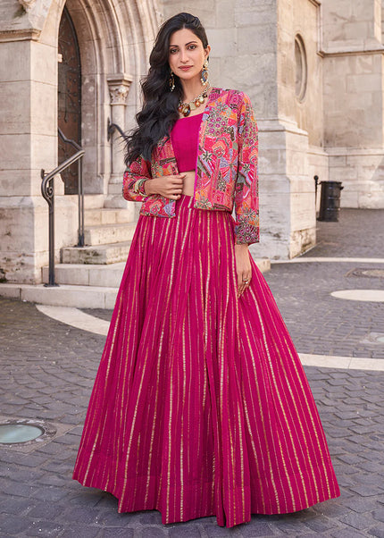 Pink Embroidered Jacket Style Lehenga