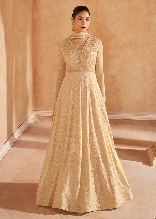 Golden Beige Embroidered Anarkali Gown FALAKENOOR Golden Beige Embroidered Anarkali Gown FALAKENOOR
