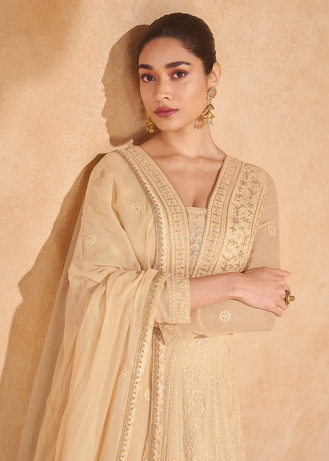 Golden Beige Embroidered Anarkali Gown