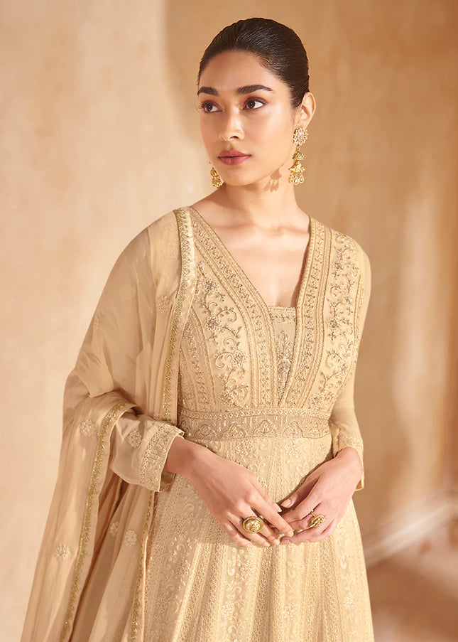 Golden Beige Embroidered Anarkali Gown