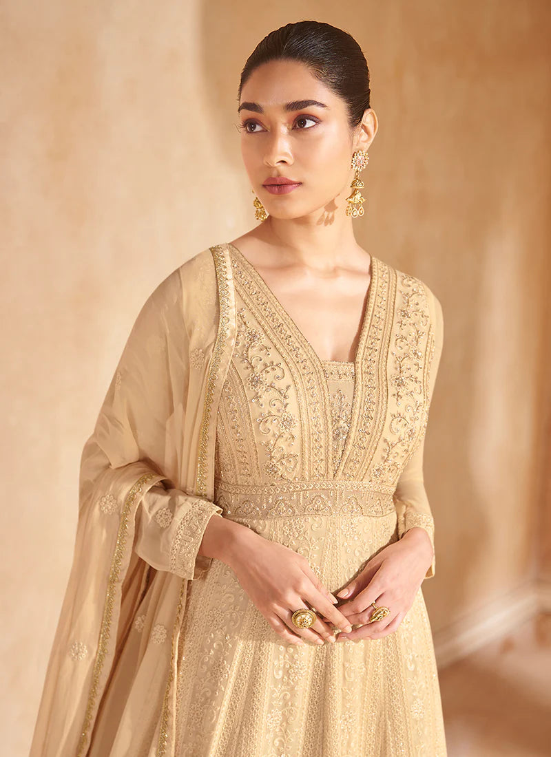 Golden Beige Embroidered Anarkali Gown FALAKENOOR Golden Beige Embroidered Anarkali Gown FALAKENOOR
