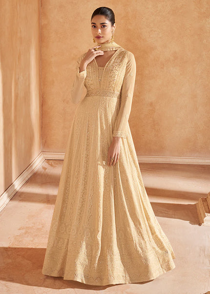 Golden Beige Embroidered Anarkali Gown