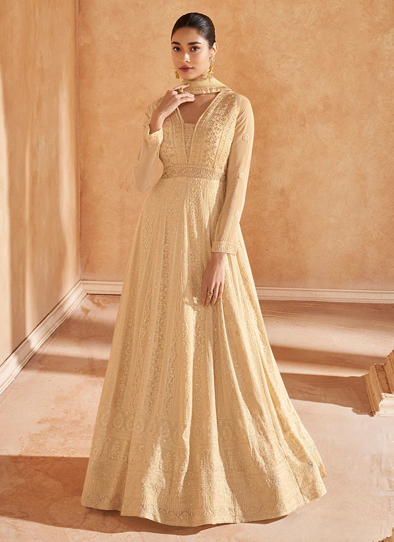 Golden Beige Embroidered Anarkali Gown FALAKENOOR Golden Beige Embroidered Anarkali Gown FALAKENOOR