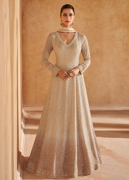 Light Beige Shaded Embroidered Anarkali Gown