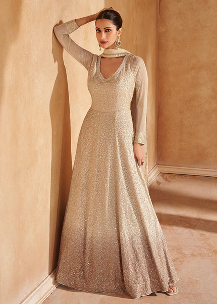 Light Beige Shaded Embroidered Anarkali Gown