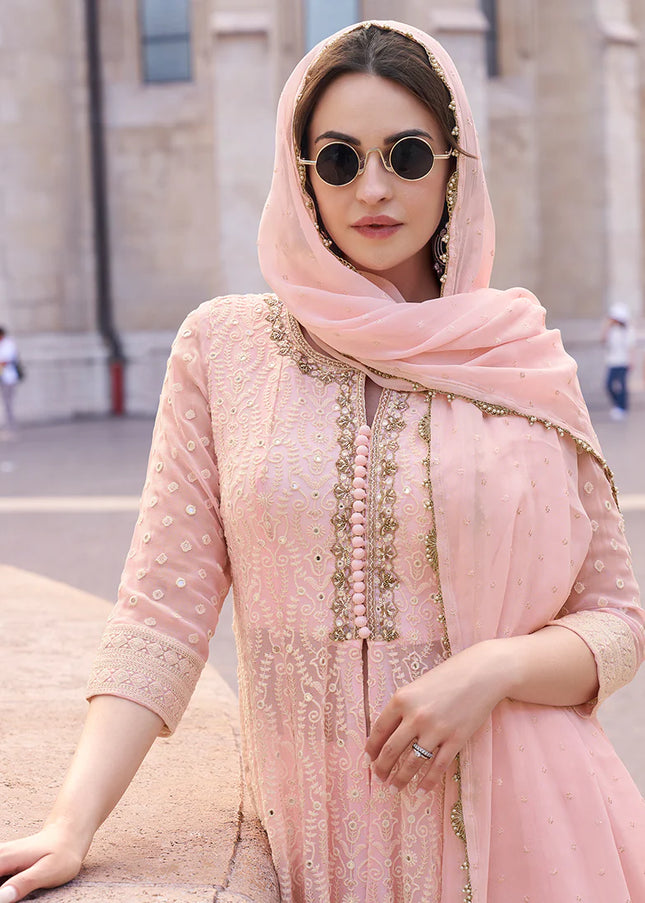 Pink Embroidered Sharara Anarkali