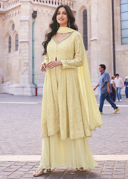 Yellow Embroidered Sharara Anarkali