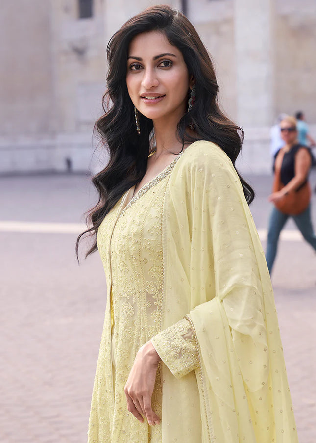 Yellow Embroidered Sharara Anarkali