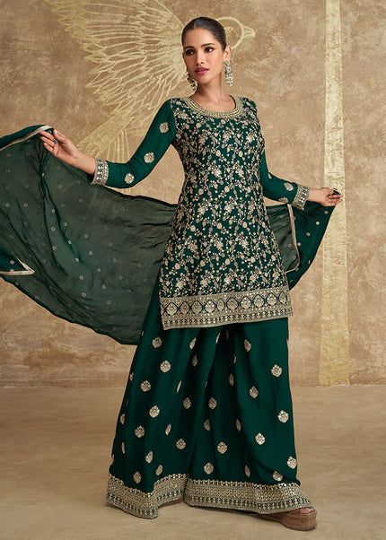 Dark Green Embroidered Sharara Suit